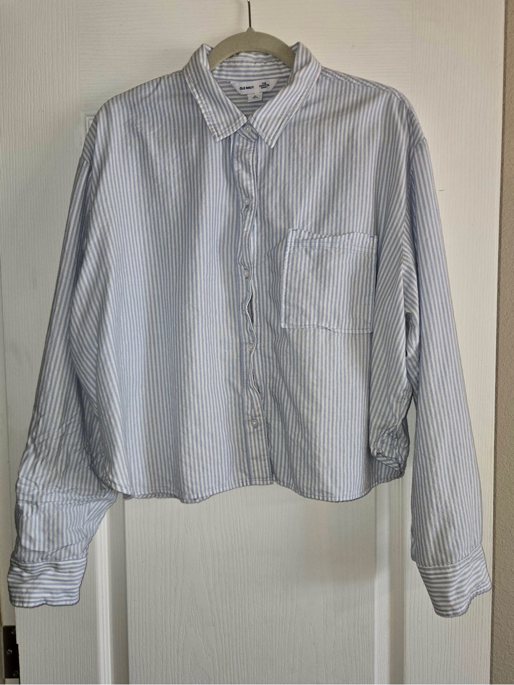Old Navy Blue White Striped Cropped Button Down Shirt XL Tall Cotton GUC
